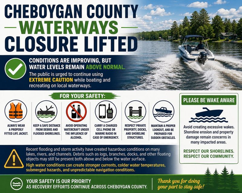 A closure of Cheboygan County waterways was lifted on May 15, 2026, but local officials urge boaters to use extreme caution.