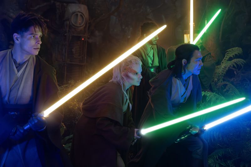 Yord Fandar (Charlie Barnett), Jedi Padawan Jecki Lon (Dafne Keen) and Master Sol (Lee Jung-jae) in "The Acolyte"