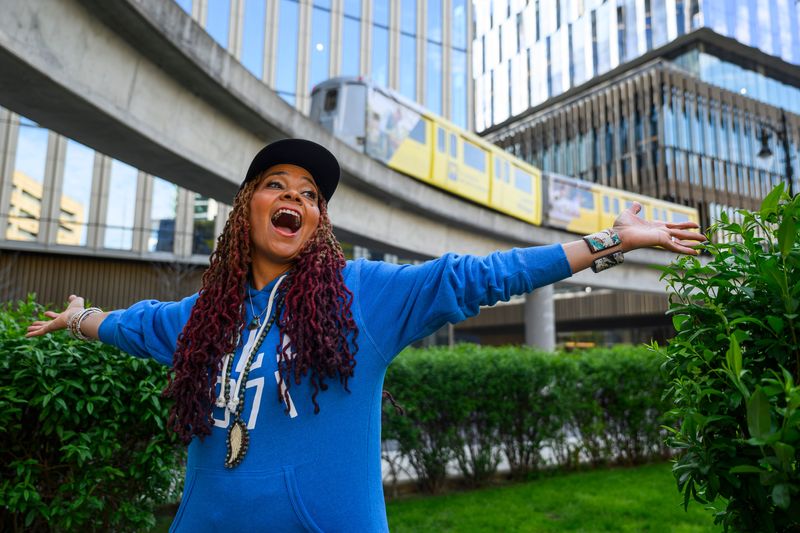 Jessica Care Moore, Detroit’s poet laureate, poses for a portrait on Friday, May 15, 2026 in downtown Detroit. Moore will be performing at this year’s Movement festival.