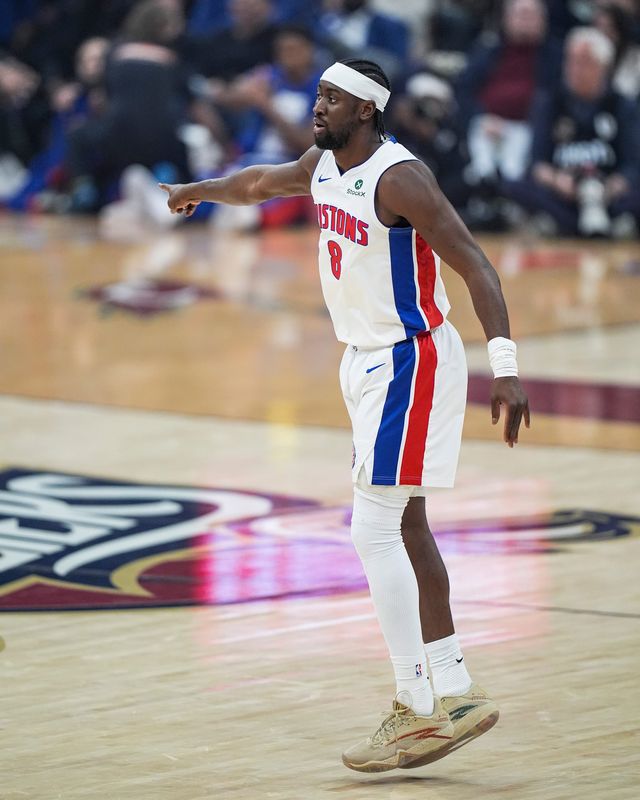 Detroit Pistons guard Caris LeVert (8) celebrates a basket against Cleveland Cavaliers during the first half of Game 6 of second round of NBA playoffs at Rocket Arena in Cleveland on Friday, May 15, 2026.