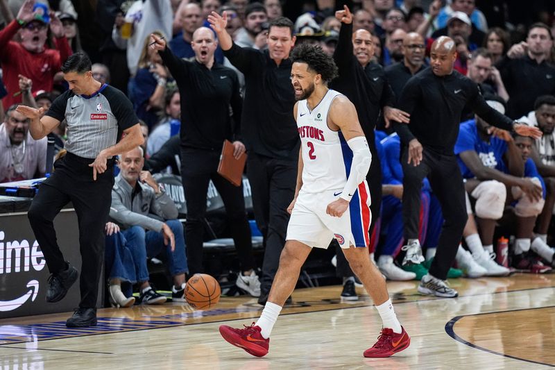 Detroit Pistons guard Cade Cunningham (2) celebrates a play against Cleveland Cavaliers during the first half of Game 6 of second round of NBA playoffs at Rocket Arena in Cleveland on Friday, May 15, 2026.