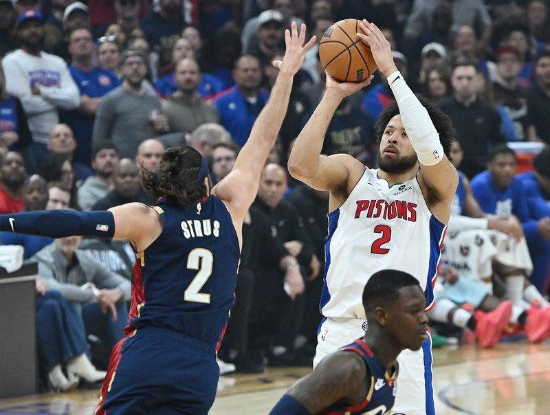 Detroit Pistons guard Cade Cunningham (2) shoots over Cleveland Cavaliers guard/forward Max Strus (2) in the first half. Detroit Pistons vs Cleveland Cavaliers, Eastern Conference Semi-Finals, Game 6, at Rocket Arena on Friday, May 15, 2026, in Cleveland, Ohio