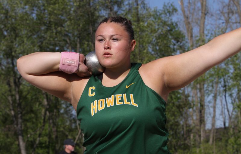 Howell's Emma Kanka won shot put with a throw of 42 feet, 1 inch during the Division 1 track and field regional on Friday, May 15, 2026 at Grand Ledge High School.