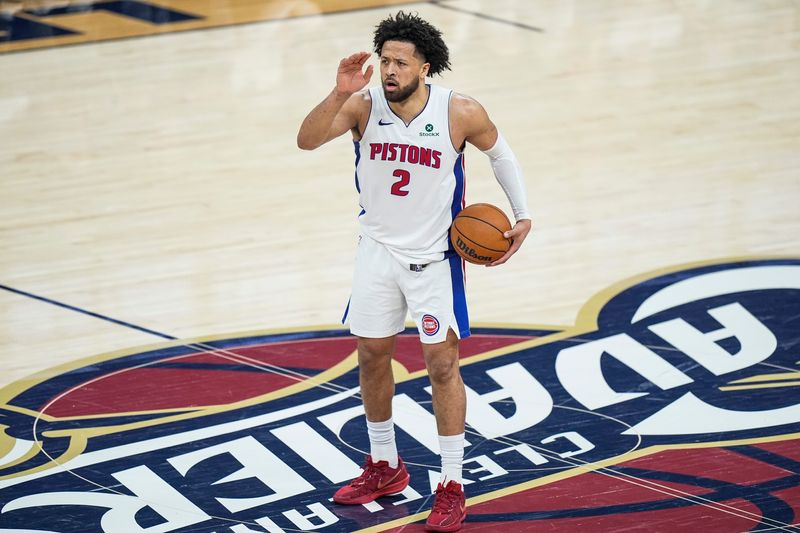Detroit Pistons guard Cade Cunningham looks to pass the ball against the Cleveland Cavaliers during the second half of Game 6 of the second round of the NBA playoffs at Rocket Arena in Cleveland on Friday, May 15, 2026.