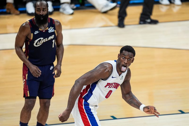 Detroit Pistons center Jalen Duren celebrates his basket by sticking his tongue out against the Cleveland Cavaliers during the second half of Game 6 of the second round of the NBA playoffs at Rocket Arena in Cleveland on Friday, May 15, 2026.
