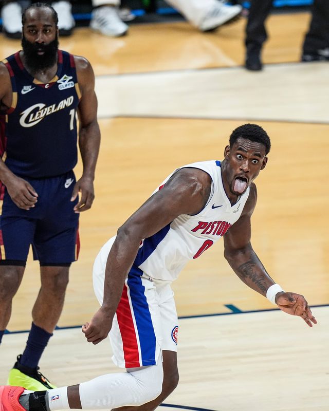 Detroit Pistons center Jalen Duren (0) celebrates a play against Cleveland Cavaliers during the second half of Game 6 of second round of NBA playoffs at Rocket Arena in Cleveland on Friday, May 15, 2026.
