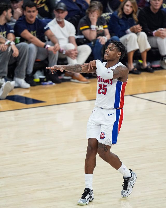 Detroit Pistons guard Marcus Sasser celebrates a 3-pointer against the Cleveland Cavaliers during the second half of Game 6 of the second round of the NBA playoffs at Rocket Arena in Cleveland on Friday, May 15, 2026.
