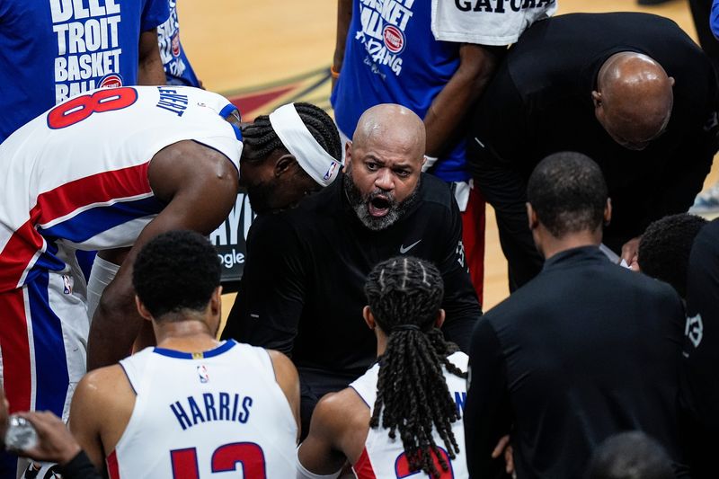 Detroit Pistons head coach J.B. Bickerstaff talks to players at a timeout against Cleveland Cavaliers during the second half of Game 6 of the second round of the NBA playoffs at Rocket Arena in Cleveland on Friday, May 15, 2026.