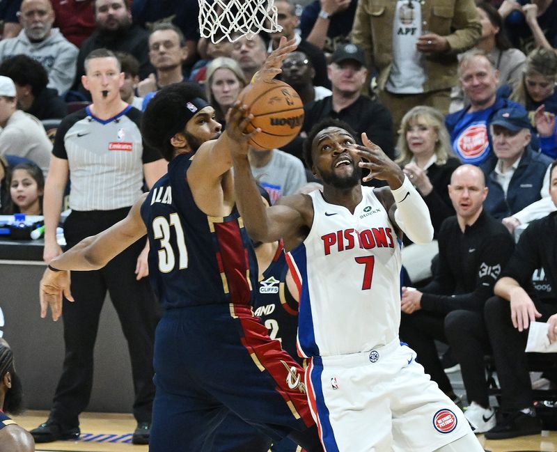 Detroit Pistons forward Paul Reed (7) scores over Cleveland Cavaliers center Jarrett Allen (31) in the second half. Detroit Pistons vs Cleveland Cavaliers, Eastern Conference Semi-Finals, Game 6, at Rocket Arena on Friday, May 15, 2026, in Cleveland, Ohio