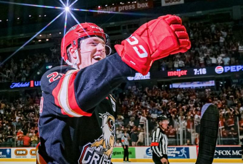 Michal Brandsegg-Nygard celebrates a goal in Grand Rapids' 4-3 overtime loss to Chicago in Game 2 of the Central Division final on Saturday in Grand Rapids.