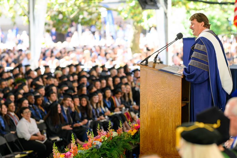 Ford Motor CEO Jim Farley speaks on May 16, 2026 at the Georgetown University College of Arts & Sciences Commencement ceremony at his alma mater. During the ceremony, Farley was given an honorary Doctorate of Human Letters degree.