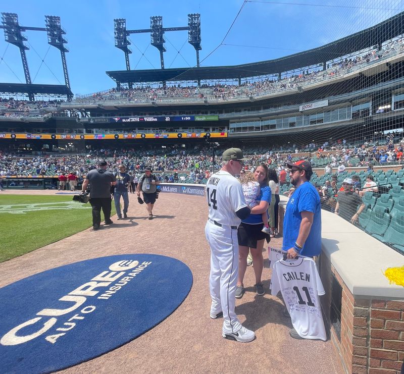 Manager A.J. Hinch and the Detroit Tigers honored Cailen Vela, who suffered from a rare oral tumor in his ear and mandible A and passed away in May 2026 at age 7, with a signed jersey before their game against the Toronto Blue Jays at Comerica Park in Detroit on Sunday, May 17, 2026.