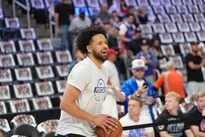 Detroit Pistons guard Cade Cunningham warms up before Game 7 in the second round of the NBA playoffs at Little Caesars Arena in Detroit, May 17, 2026.