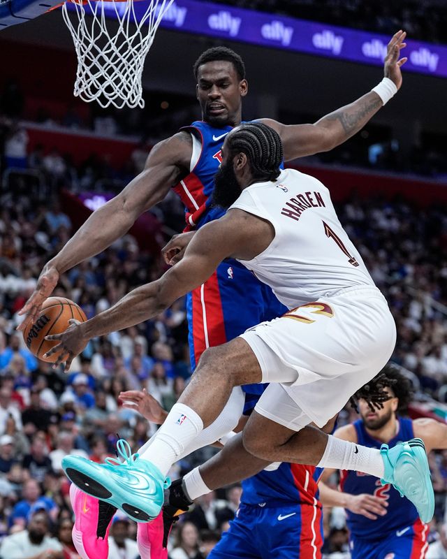 Cleveland Cavaliers guard James Harden (1) passes the ball against Detroit Pistons center Jalen Duren (0) during the first half of Game 7 of second round of NBA playoffs at Little Caesars Arena in Detroit on Sunday, May 17, 2026.