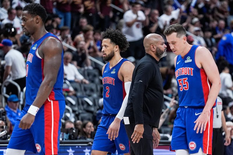 Detroit Pistons head coach J.B. Bickerstaff calls a timeout during the second half of Game 7 against the Cleveland Cavaliers in the second round of the NBA playoffs at Little Caesars Arena in Detroit on Sunday, May 17, 2026.