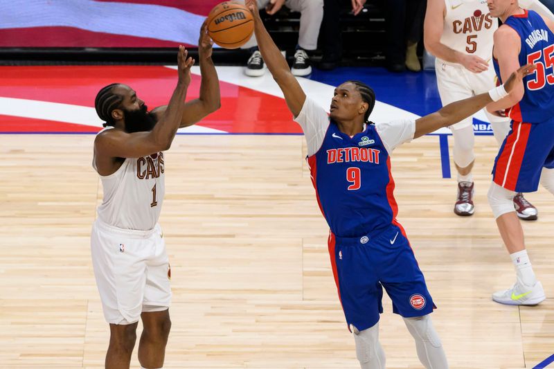 Detroit guard Ausar Thompson tries to block a shot by Cleveland guard James Harden during the fourth quarter of game seven of the NBA Eastern Conference semi-finals between the Detroit Pistons and the Cleveland Cavaliers, at Little Caesars Arena, in Detroit, May 17, 2026.