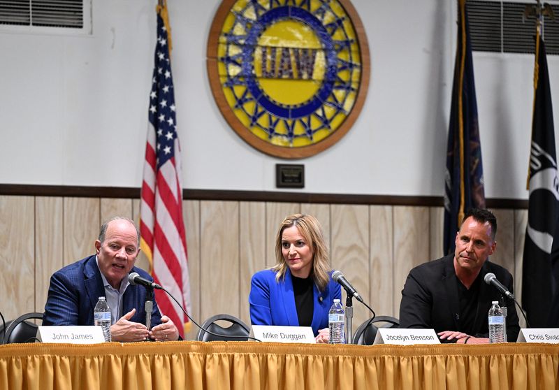Michigan gubernatorial candidates former Detroit Mayor Mike Duggan, from left, Secretary of State Jocelyn Benson and Genesee County Sheriff Chris Swanson answer questions from UAW members during the UAW Michigan CAP Governor’s Forum on May 18, 2026 at UAW Local 600 in Dearborn, Mich.