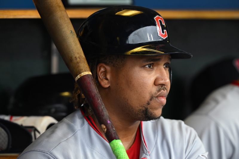May 18, 2026; Detroit, Michigan, USA; Cleveland Guardians third baseman Jose Ramirez (11) sits in the dugout before the game against the Detroit Tigers to start at Comerica Park. Mandatory Credit: Lon Horwedel-Imagn Images