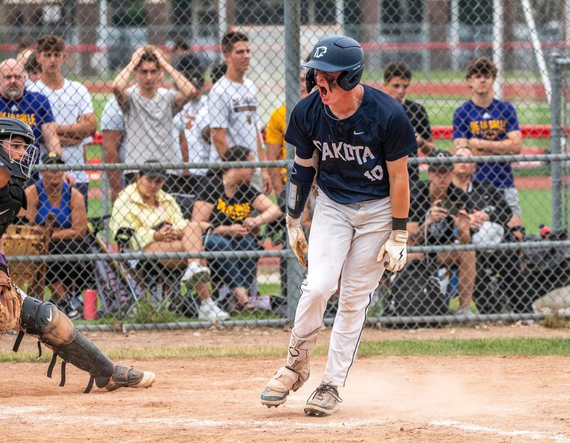 Macomb Dakota High School varsity baseball player Evan Morrison (18) reacts after being hit by the ball while batting against Warren De La Salle during the Division 1 regional semifinal baseball game at Chippewa Valley High School in Clinton Township on Wednesday, June 4, 2025.