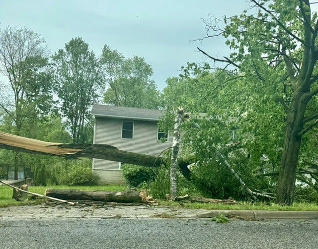 Storm damage on Northrup Street in Lansing on Monday, May 18, 2026.