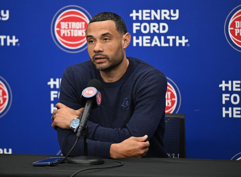 Trajan Langdon, Pistons president of basketball operations, answers reporters’ questions during his season-ending press conference on Tuesday, May 19, 2026, in Detroit, MI