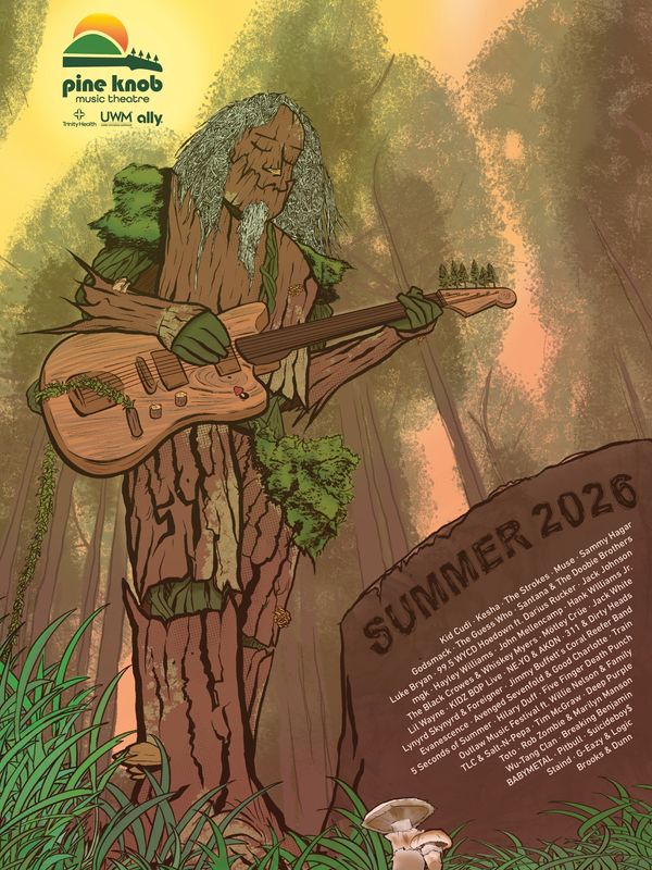 The 2026 Pine Knob Music Theatre season poster, designed by Anthony Pizzo of Detroit's College for Creative Studies.