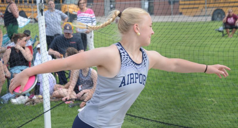 Olivia Kemp of Airport won the discus at the Huron League Meet on Tuesday, May 19, 2026.