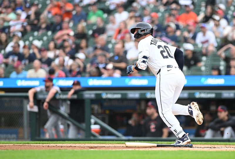 Tigers first baseman Spencer Torkelson (20) watches his two-run home run in the second inning. Detroit Tigers take on the Cleveland Guardians on May 19, 2026 at Comerica Park in Detroit.