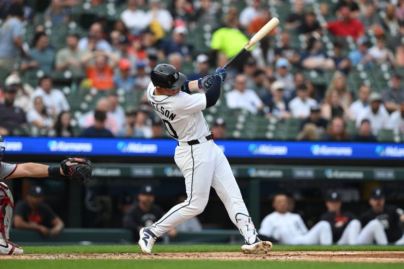 Detroit Tigers first baseman Spencer Torkelson (20) hits a two-run home run against the Cleveland Guardians in the second inning at Comerica Park in Detroit on Tuesday, May 19, 2026.