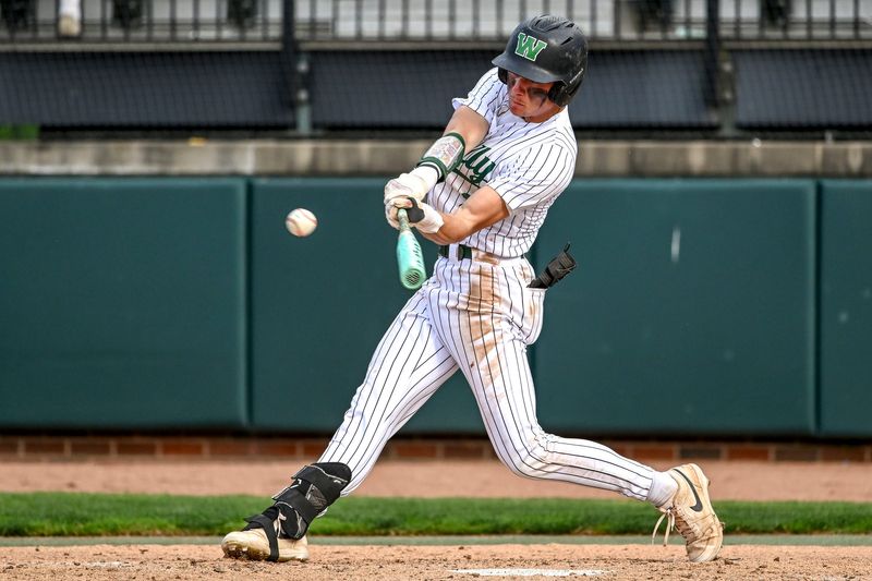 Williamston's Kaleb Nielson drives in a run against Lansing Catholic in the fourth inning on Tuesday, May 19, 2026, during the Diamond Classic at McLane Stadium in East Lansing.