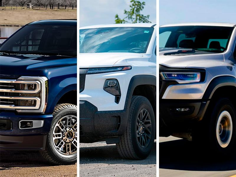From left: 2025 Ford F-Series Platinum Plus Super Duty pickup, 2026 Chevrolet Silverado EV Work Truck and 2025 Ram 1500 RHO.