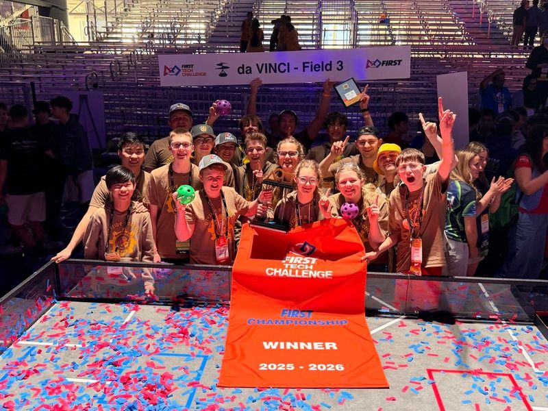 The OverClucked Bots of Cityside Middle School in Zeeland celebrate an historic win during the 2025-26 FIRST Tech Challenge World Championships in Houston, Texas.