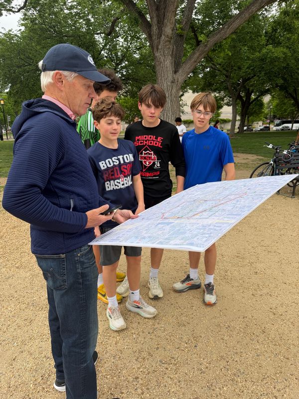 Bud Denker shows some students the race circuit blueprint May 11, 2026.