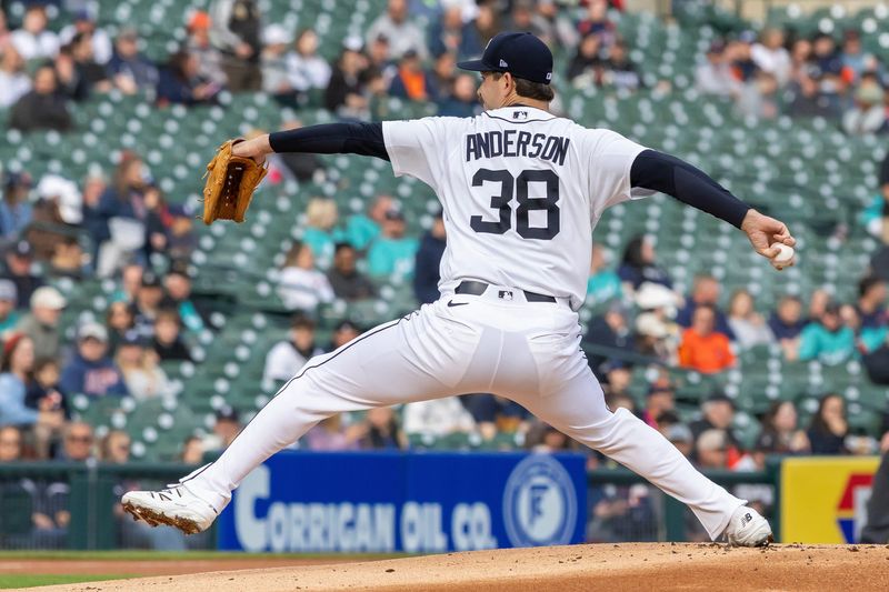 May 20, 2026; Detroit, Michigan, USA; Detroit Tigers starting pitcher Drew Anderson (38) delivers during the first inning against the Cleveland Guardians at Comerica Park. Mandatory Credit: David Reginek-Imagn Images