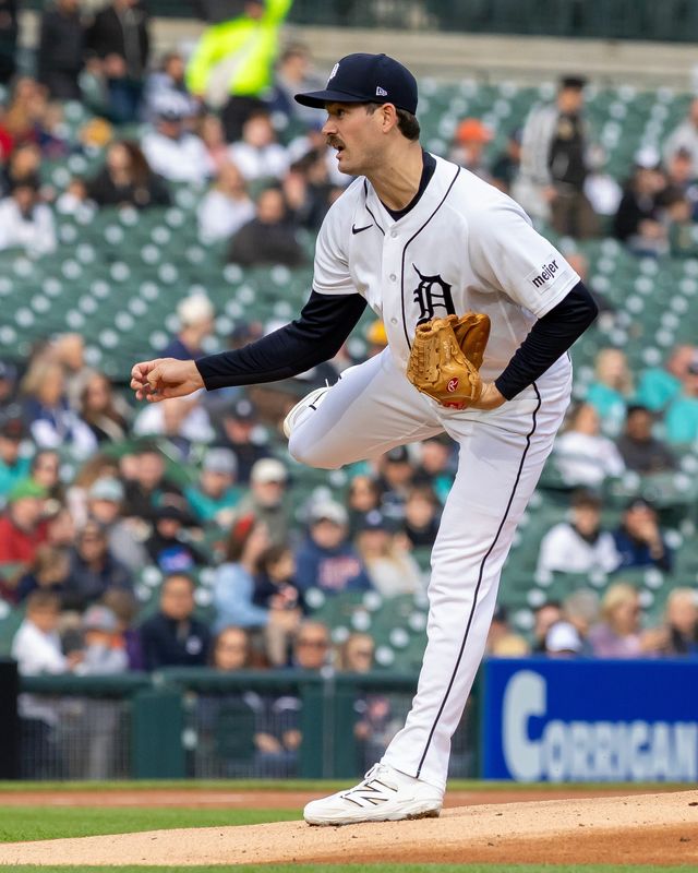 Detroit Tigers starting pitcher Drew Anderson delivers during the first inning against the Cleveland Guardians at Comerica Park on Wednesday, May 20, 2026 in Detroit.