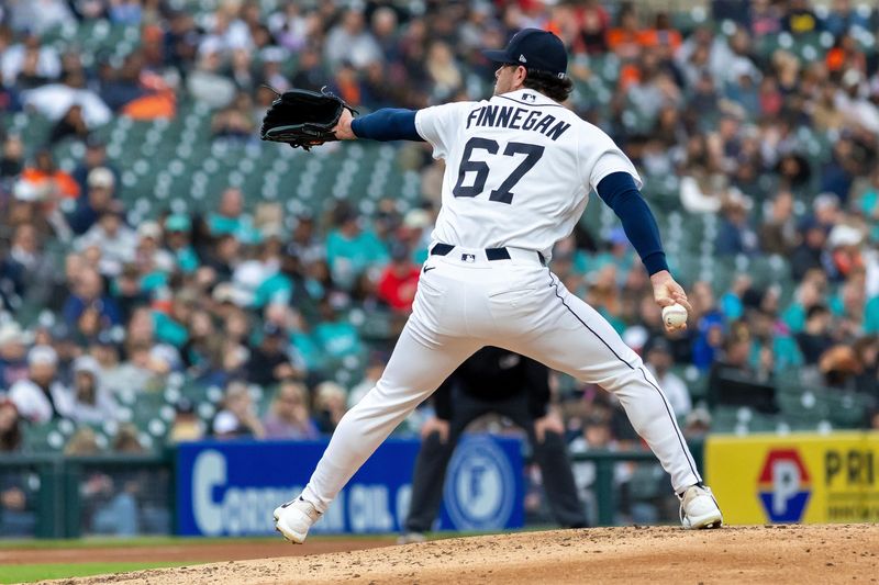 May 20, 2026; Detroit, Michigan, USA; Detroit Tigers pitcher Kyle Finnegan (67) delivers during the fifth inning against the Cleveland Guardians at Comerica Park. Mandatory Credit: David Reginek-Imagn Images