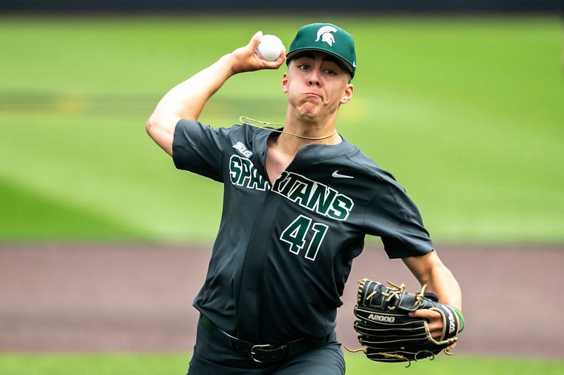 Michigan State's Nolan Higgins delivers a pitch during a NCAA Big Ten Conference baseball game against Iowa, Saturday, May 13, 2023, at Duane Banks Field in Iowa City, Iowa.