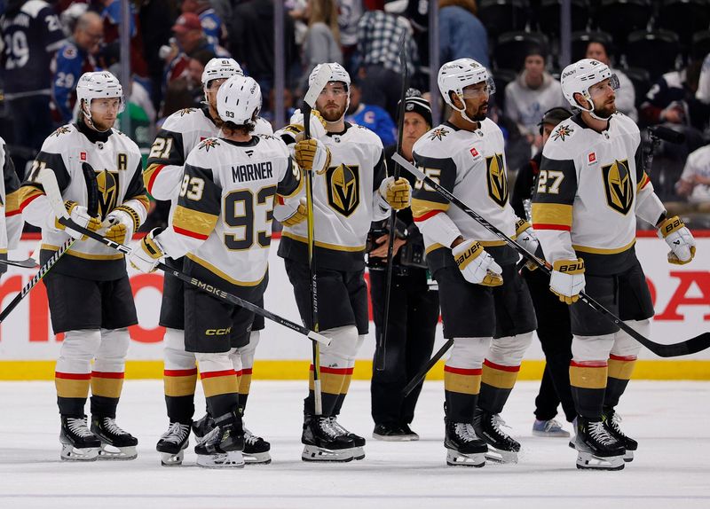 The Vegas Golden Knights celebrate after defeating the Colorado Avalanche in Game 1 of the Western Conference Final at Ball Arena.