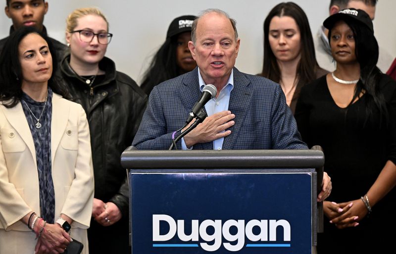 Former Detroit Mayor Mike Duggan announces that he is ending his campaign as an independent candidate for Governor on May 21, 2026 at Huntington Place in Detroit.