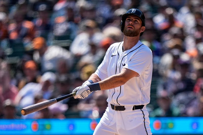 Detroit Tigers third baseman Gage Workman (99) bats against Cleveland Guardians during the eighth inning at Comerica Park in Detroit on Thursday, May 21, 2026.