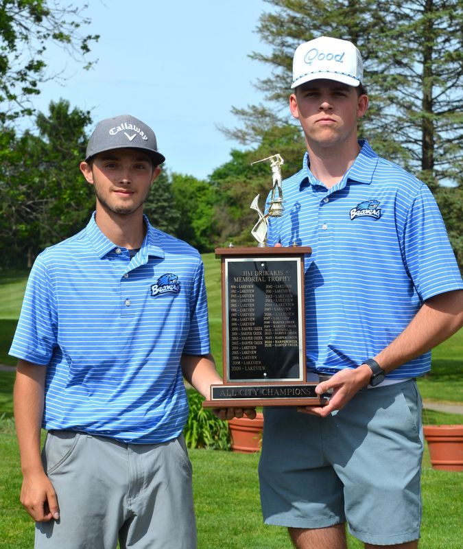 Harper Creek's Brenden Daugherty, left, and Mack King shared medalist honors at the 2026 All-City Boys Golf Tournament at Marywood Golf Club on Thursday, May 21.