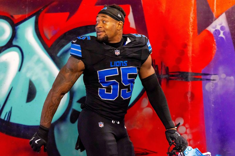 Oct 20, 2025; Detroit, Michigan, USA; Detroit Lions linebacker Derrick Barnes (55) walks back to the locker room after the game against the Tampa Bay Buccaneers at Ford Field. Mandatory Credit: David Reginek-Imagn Images