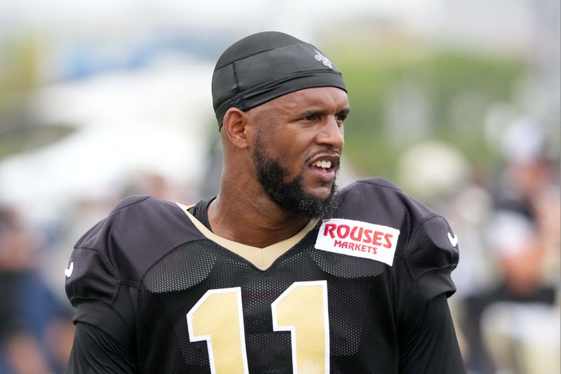 Aug 14, 2025; Carson, CA, USA; New Orleans Saints wide receiver Cedrick Wilson Jr. (11) during a joint practice against the Los Angeles Rams at the Dignity Health Sports Park. Mandatory Credit: Kirby Lee-Imagn Images