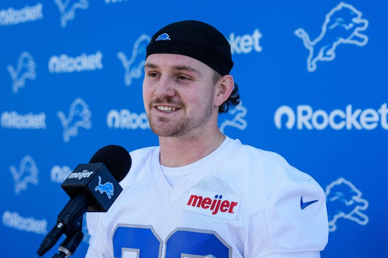 Detroit Lions safety Dan Jackson (28) speaks after practice during rookie mini camp at Meijer Performance Center in Allen Park on Friday, May 9, 2025.