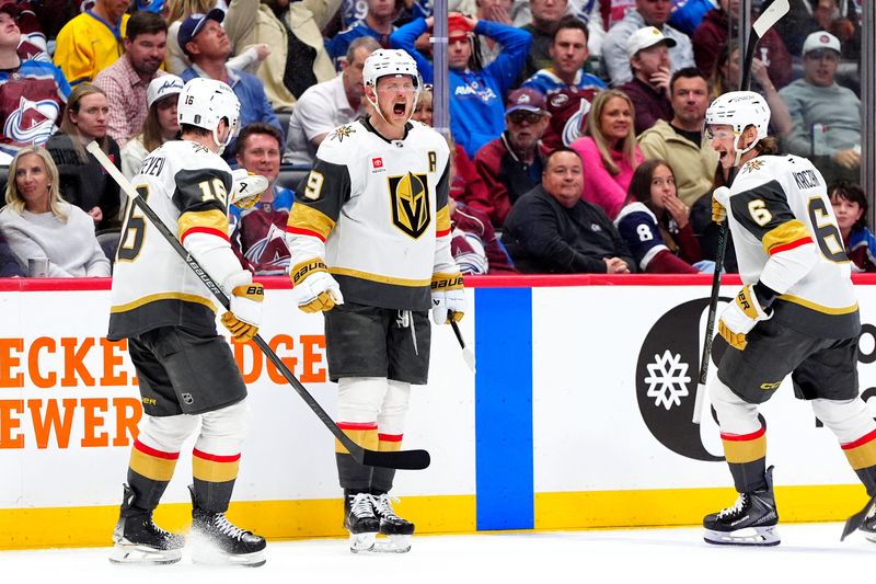 Golden Knights center Jack Eichel (9), right wing Pavel Dorofeyev (16) and defenseman Kaedan Korczak (6) celebrate a third-period goal against the Avalanche in Game 2 of the Western Conference Final of the 2026 Stanley Cup Playoffs at Ball Arena.