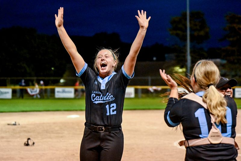 Lansing Catholic's Avery Dunneback celebrates after defeating Grand Ledge to win the Softball Classic championship on Friday, May 22, 2026, at Ranney Park in Lansing.