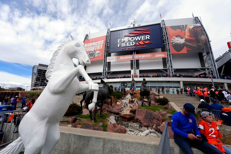 Oct 26, 2025; Denver, Colorado, USA; General view of the stadium exterior before the game between the Dallas Cowboys and the Denver Broncos at Empower Field at Mile High. Mandatory Credit: Ron Chenoy-Imagn Images