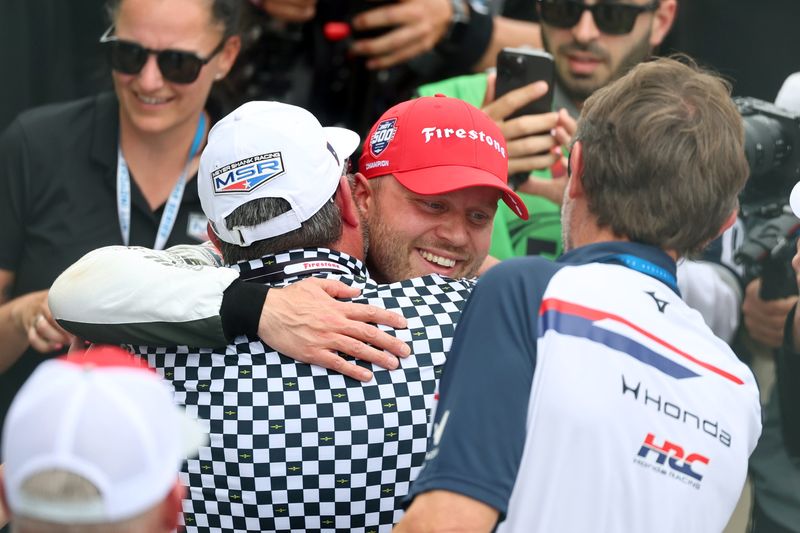 Felix Rosenqvist celebrates after winning the 110th running of the Indianapolis 500 on Sunday at Indianapolis Motor Speedway.