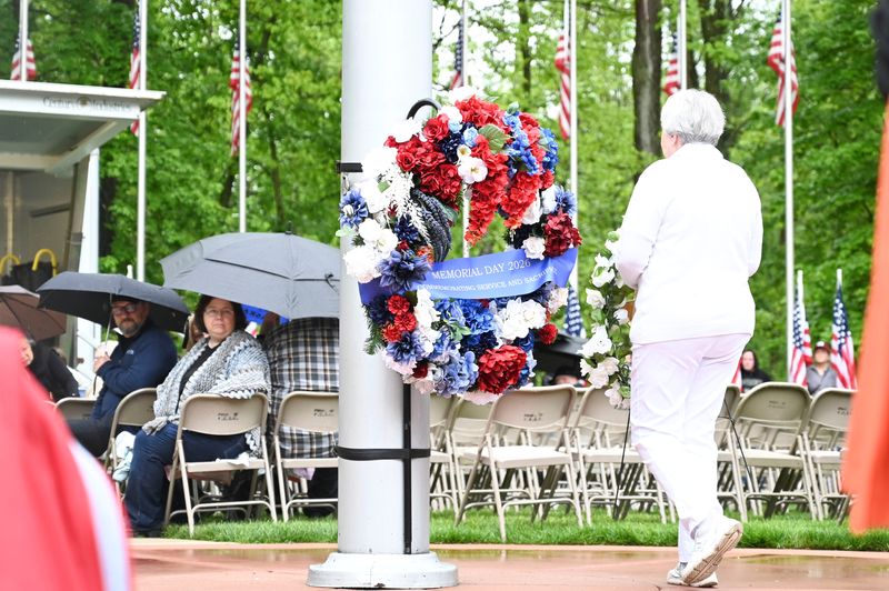 Memorial wreaths are presented during Memorial Day ceremonies at Fort Custer National Cemetery in Augusta on Sunday, May 24, 2026.