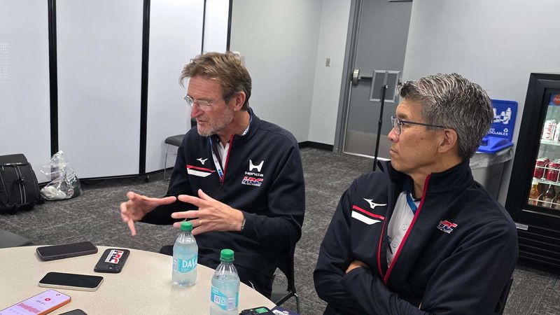 Honda Racing Corporation President David Salter, left, and Vice President Kevin Fu speak to media at the 2026 Indy 500.